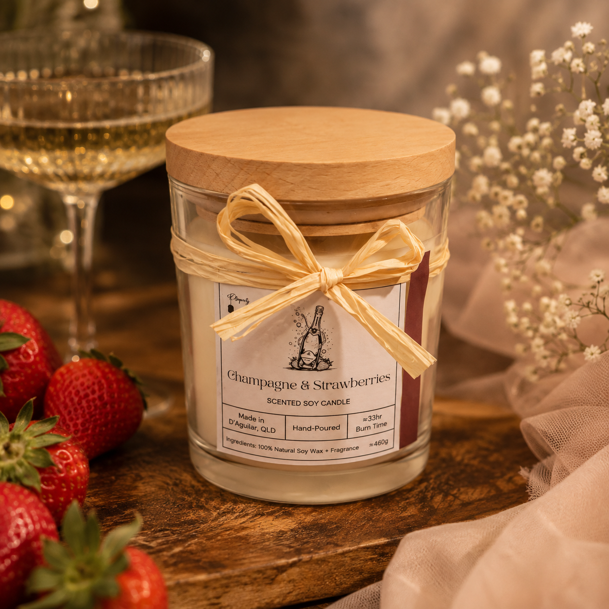 Champagne & Strawberries - Scented Soy Candle - Medium
