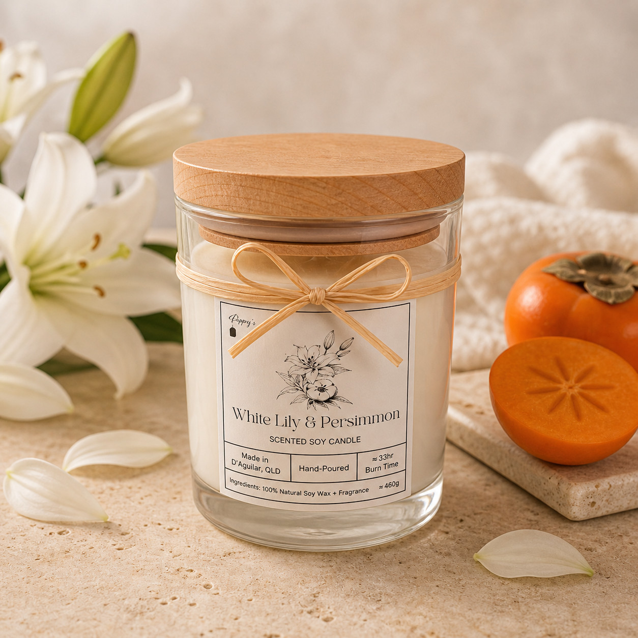 White Lily and Persimmon - Scented Soy Candle - Medium