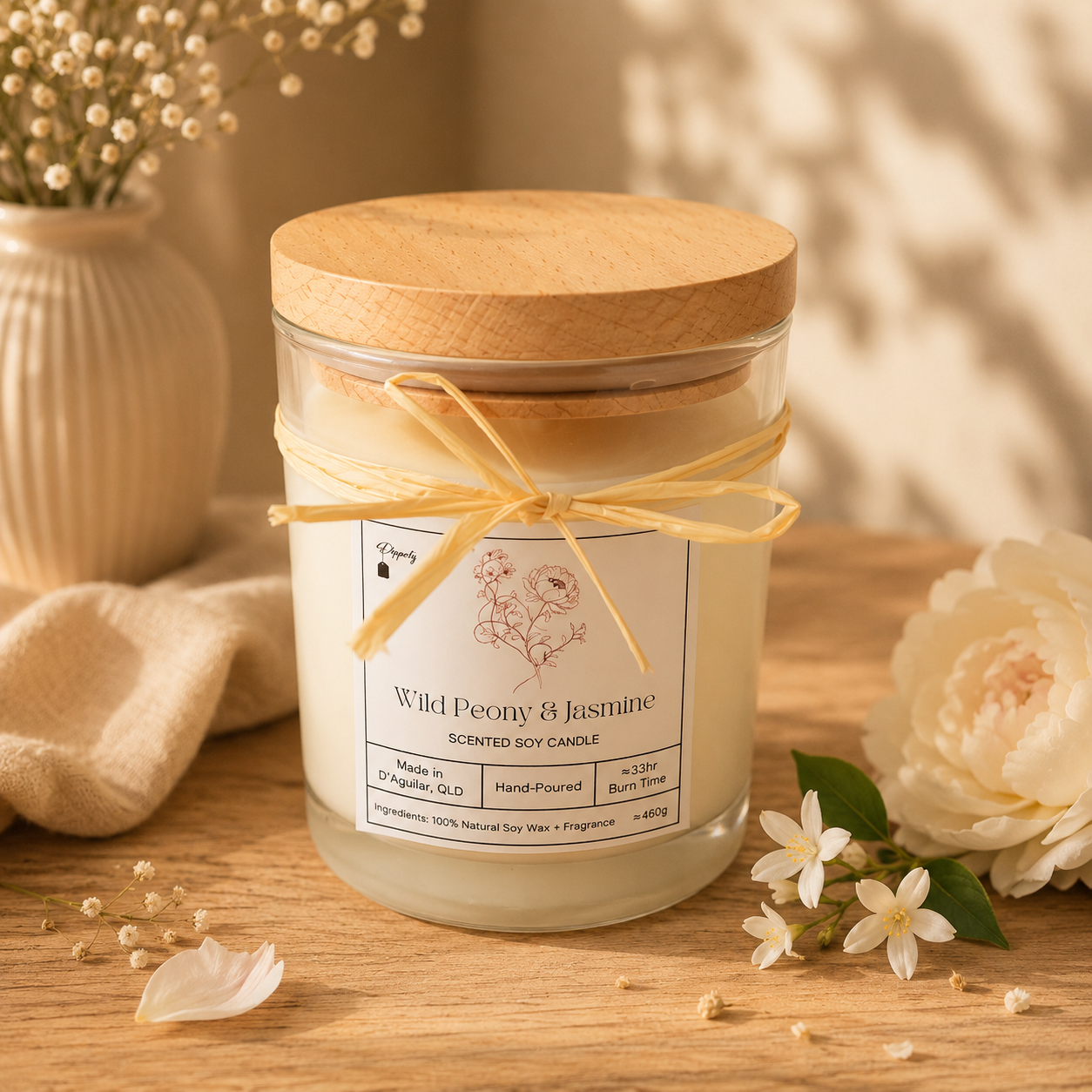 Wild Peony and Jasmine - Scented Soy Candle - Medium